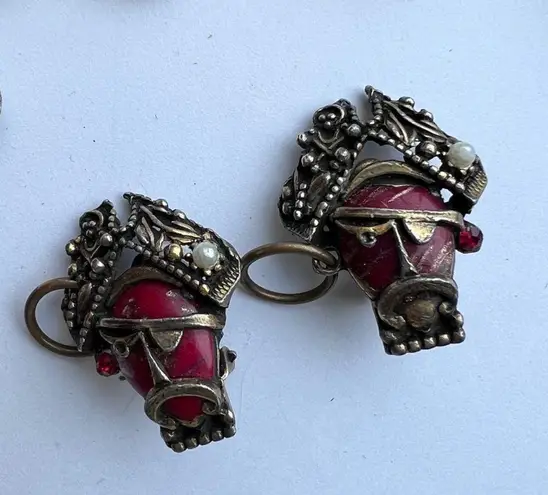 Vintage Selro Pirate Face Red Rhinestone Gold Brass Bracelet & Earrings Set Silver