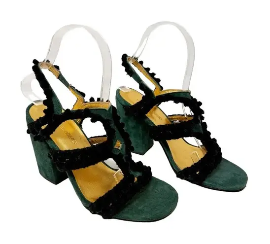 Rachel Comey Chenille Suede Green Black Pom Pom Block Heeled Cage Sandals US 6