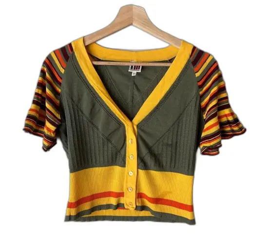 I’M Isola Marras Cotton Knit Stripe Button Front Crop Sweater Cardigan Small Green