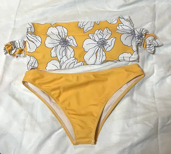 Yellow And White Bandeau Floral Bikini Set