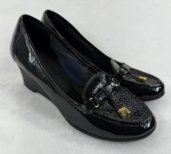 Lauren Ralph Lauren Black Patent Leather Wedge Loafers with Gold Accents 8 READ