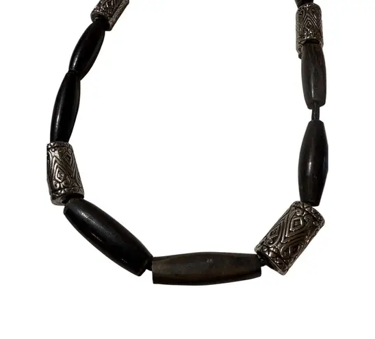 Wood Bead Necklace with Silver Tone Accent Beads – Boho Jewelry Black