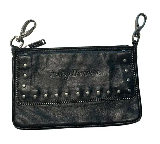 Vintage Harley Davidson Studded Leather Hip Bag Black Bikercore Belt Bag Moto