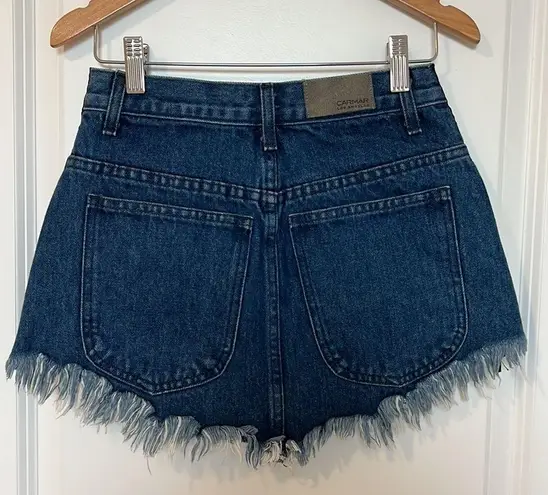 Carmar Beatrice Zip Front Denim Jean Skirt Reflective Stripes Raw Hem Size 25 Blue