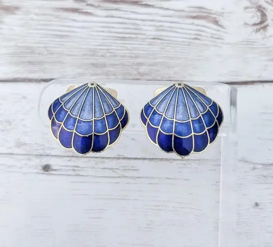 Vintage Clip On Earrings Blue Shell Beach Theme