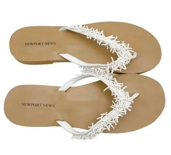 Newport News White Beaded Flip Flops Tropical Coastal Thong Sandals Size 10