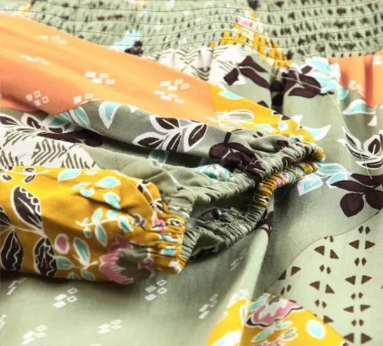 NEW Patchwork Print Mixed Boho Floral Tunic Length Lantern Sleeve Blouse