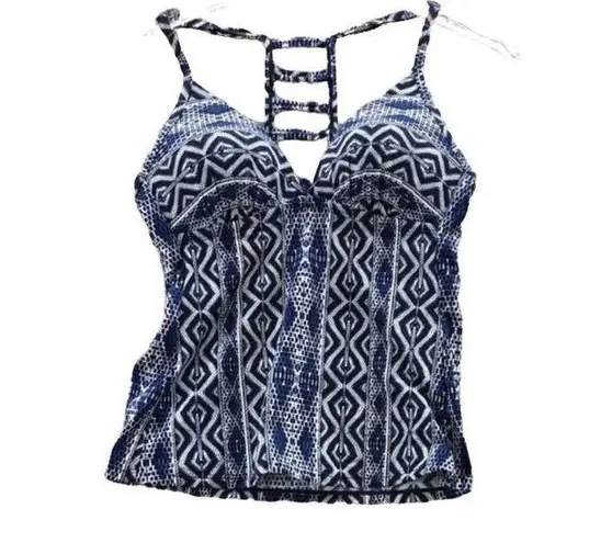 La Blanca Womens Tankini Set Blue White Patterned Padded California Cut Sz 4