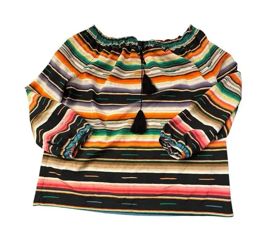 RALPH LAUREN Multicolor Serape Stripe Axtec Tassel Tie Peasant Top Size Medium