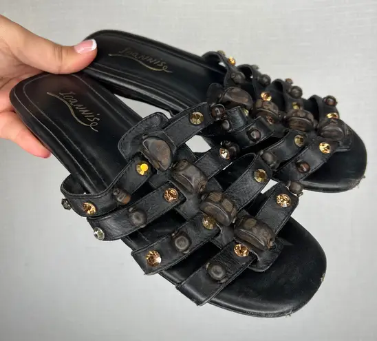 Ioannis Black Leather Gladiator Sandals Studded Wood Beads Slide