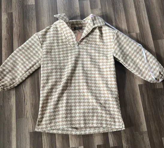 Missguided Heavyweight Pullover Coat White And Brown Houndstooth Pattern