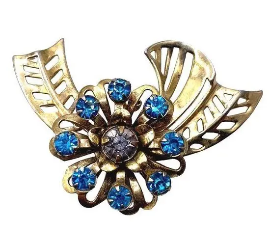 Vintage Blue  Faceted Flower Gold Tone Fashion Brooch Pin Open Work Round Stones