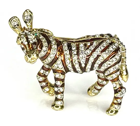 VTG Pave Crystal ZEBRA BROOCH PIN Enameled Gold Standing Zoo Animal Green Eyes