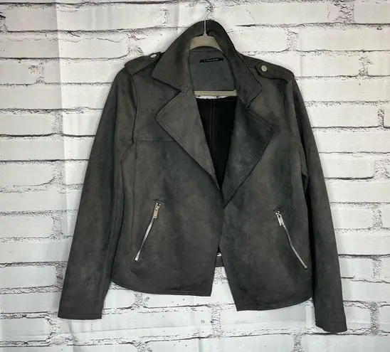 T Tahari Tahari Faux Leather Biker Moto Jacket Charcoal Grey Relaxed Zip Pockets M Lined