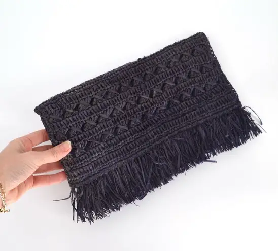 NEW Mar Y Sol Lisette Crocheted Raffia Straw Fringe Clutch Wallet Navy Blue