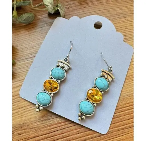 Native American Turquoise & Amber Stacked Stones Silver Plated Dangled Earrings Blue