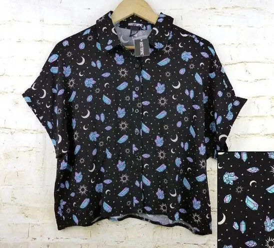 Hot Topic  Pastel Crystals Celestial Crop Button Up Shirt Womens M Black Goth