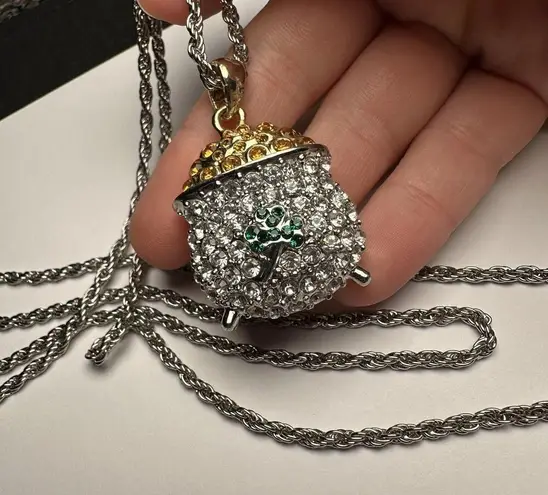 Lucky Pot Of Gold Green Clover Rhinestone Silver Tone Necklace St Patrick’s Day