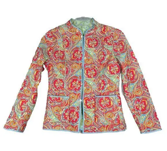 J. McLaughlin  Jacket Women Small Green Orange Floral Quilted Boho Granny Grandma