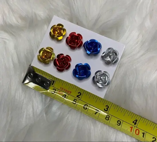 4 Large Metallic Rose Metal Stud Earrings Flawed Gold