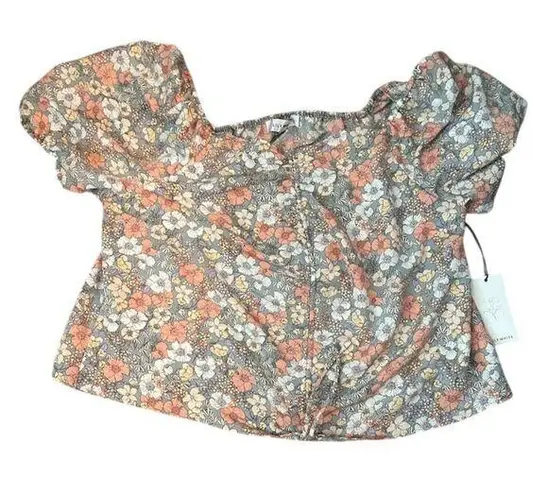 Lily White Women's 2XL Floral Crop Top Square Neck Puff Sleeve
