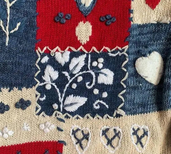 heirloom collectibles Vintage  Blue Cardigan Heart Floral Embroidered Knit