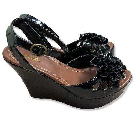 Soda ⭐️ Black Patent Wedge Sandals with Rosette and Strap