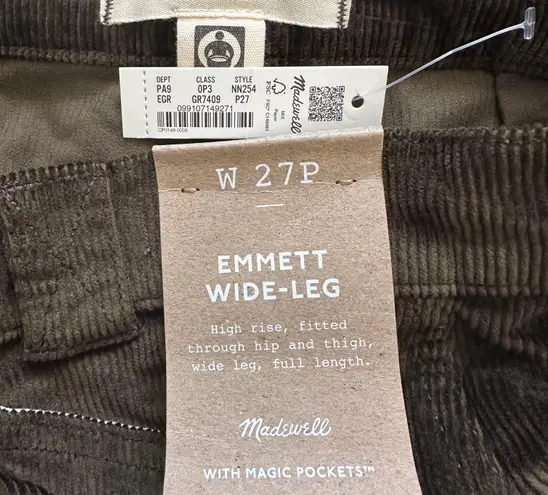 Madewell Pants Petite Emmett 2.0 Wide-Leg in Corduroy Green 27P NWT New