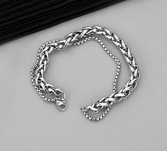 Titanium Steel Layered Bracelet for Men Women,Personality Punk Hip Hop Bracelet Silver