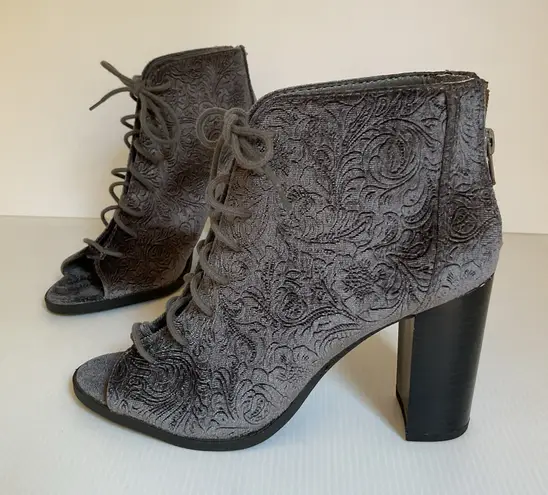 Report Ankle Booties Block Heel Brocade Open toe Lace Up Gray Sz 7.5 Women's