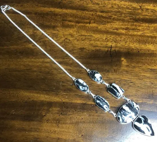 Sterling Silver Old Southwest White Buffalo Turquoise Cabochon Link Necklace 925