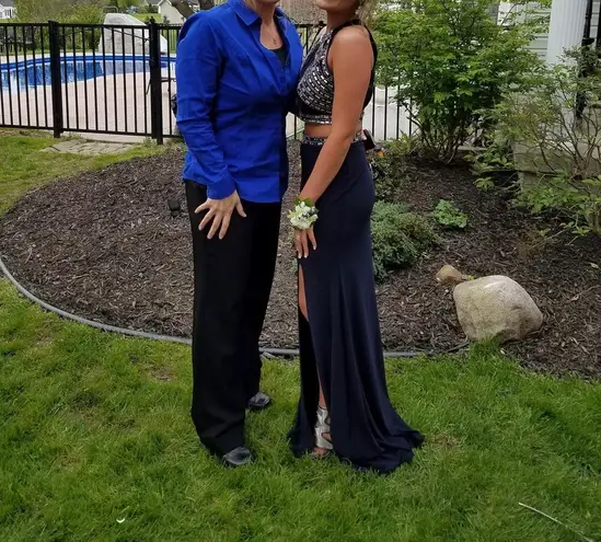 Blondie Nites Elegant Navy Evening Gown with Embellished Waist/ prom dress