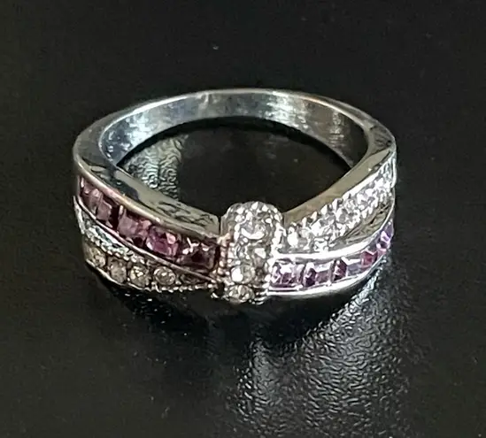 Amethyst Purple and white crystal silver ring
