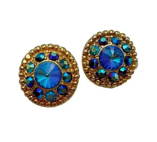 Vintage Peacock Aurora Borealis AB Rhinestone Gold Medallion Costume Earrings