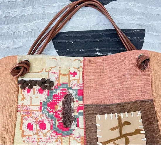 Made In India Cotton Leather Patchwork Embroidered Canvas Tote Bag 15 L *14 H Brown