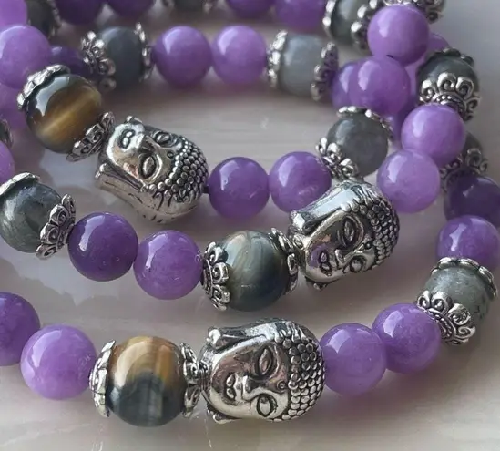 Dream tiger eye Buddha head labradorite kunzite ONE NEW stretch bracelet hand cr Purple