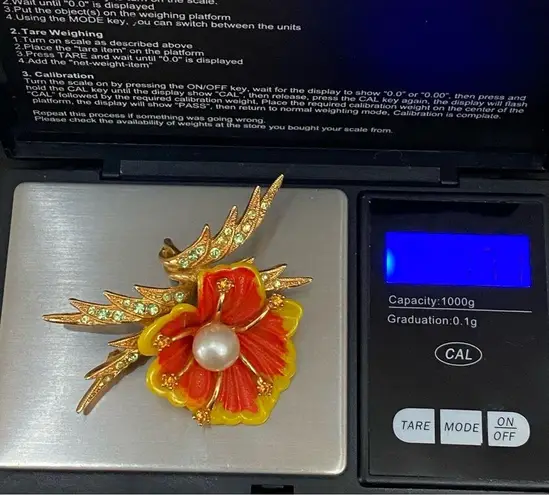 Vintage ORA Signed Orange Plastic Poppy Flower Faux Pearl Brooch & Earrings Set