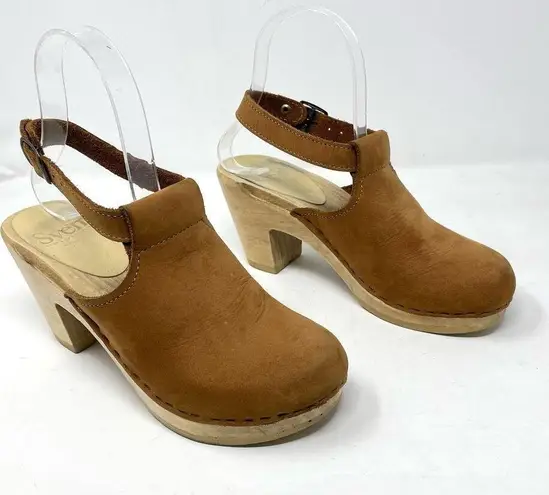 Sven Brown Nubuck Leather Wooden Halter Top High Heel Clog Sandals 36 5.5 6