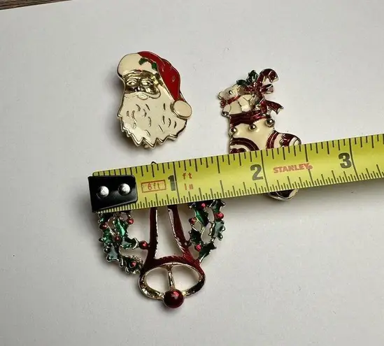 Santa Claus, Holly Wreath, Stocking Christmas Brooch Pin Lot Of 5 Gold Tone
