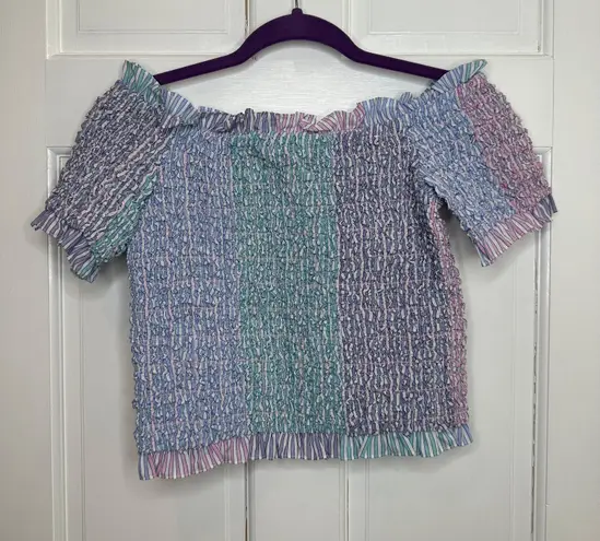 Revolve Petersyn Kinsey Smocked Off The Shoulder Ruffle Top in Pink/Blue/Purple - Large