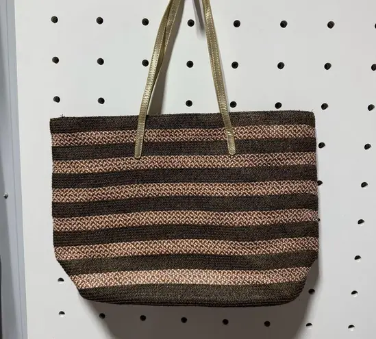 Brown & Pink Striped Woven Tote Bag with Gold Straps