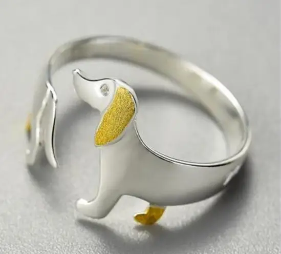 Artisan  Handmade Unique 925 Sterling Silver 14K Gold-plated Dachshund Ring