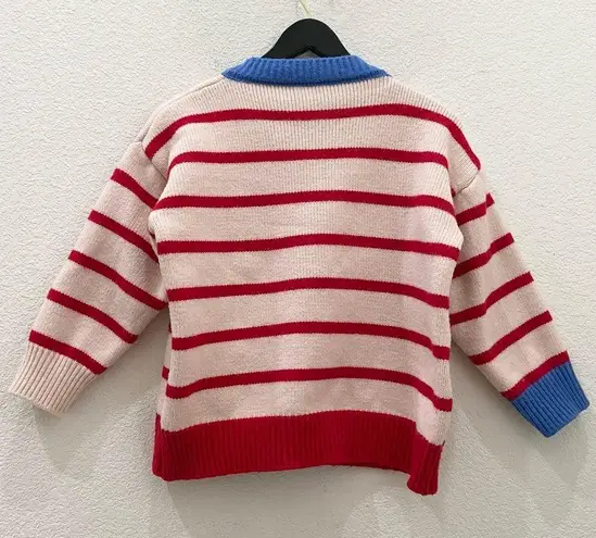 Striped Thick Knit Heart Patch 3/4 Sleeve Cropped Cardigan Sweater Red