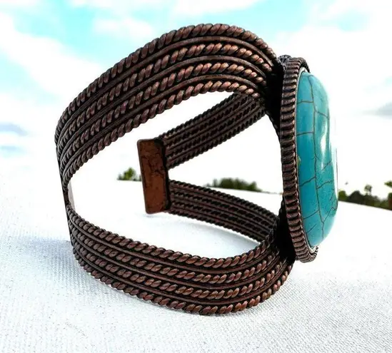 Turquoise blue and copper tone cuff bracelet