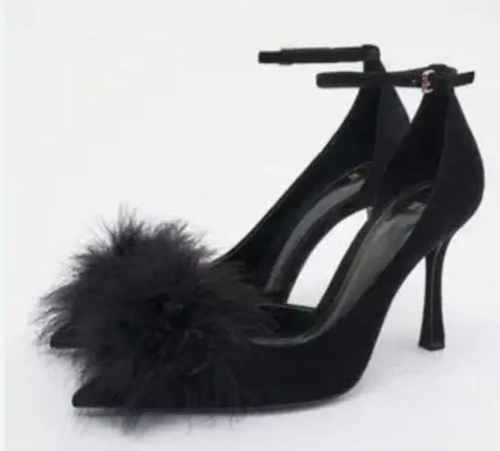 ZARA  FEATHER TRIM LEATHER HEELS Pumps Size 8