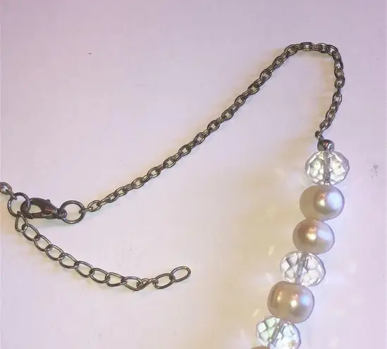 Silver Tone Genuine Pearls & Clear AB Beaded Boho Heart Pendant Necklace