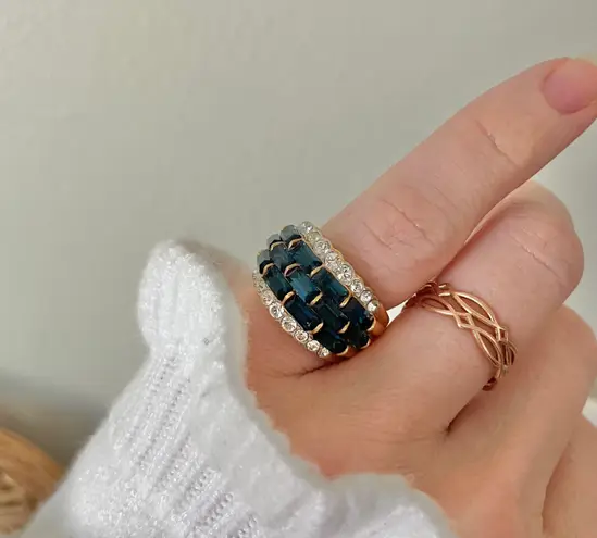 18KGE RSC Blue Glass Statement Ring Covenant Elegant Vintage Sparkly Glam Jewelry