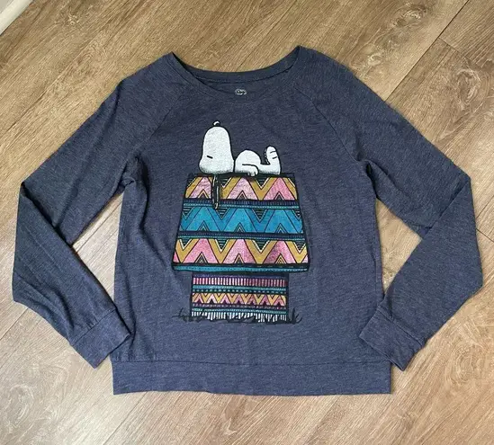 Peanuts Blue Grey Long Sleeve Tee Shirt ~ Snoopy Graphic Boho Doghouse ~ Size S