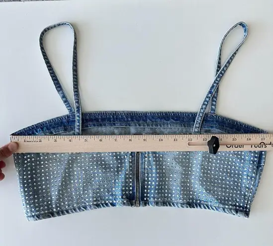 ZARA  Denim Crop Top Womens Large Rhinestones Bling Festival Glam Punk Rock Party