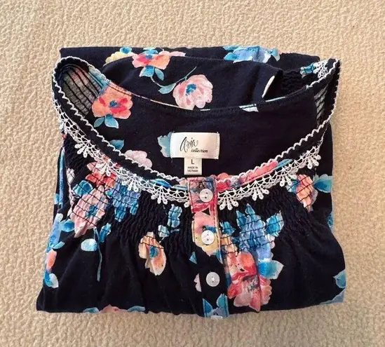 Aria Women's Nightgown Blue White Floral Buttons Lace Smock Size L